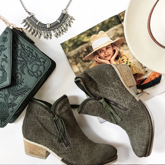 Anthropologie Shoes - CoqueTerra | Army Green Laser-cut Ankle Bootie